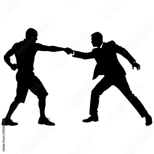 a man engaged in a street fight against an aggressor armed with a pistol vector silhouette black color