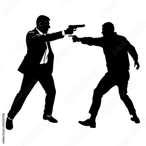 a man engaged in a street fight against an aggressor armed with a pistol vector silhouette black color