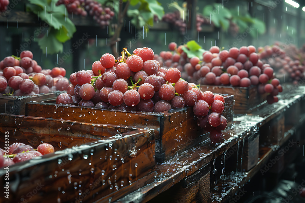 The harvested grape crop is packed in wooden boxes on the sorting table, ready for further processing at a vineyard during the harvest season The harvested grape crop is packed in wooden boxes on the sorting table, ready for further processing at a vineyard during the harvest season