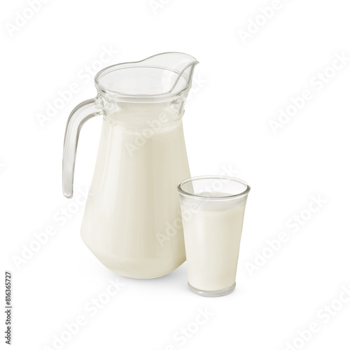 Glass and jug with milk isolated on white