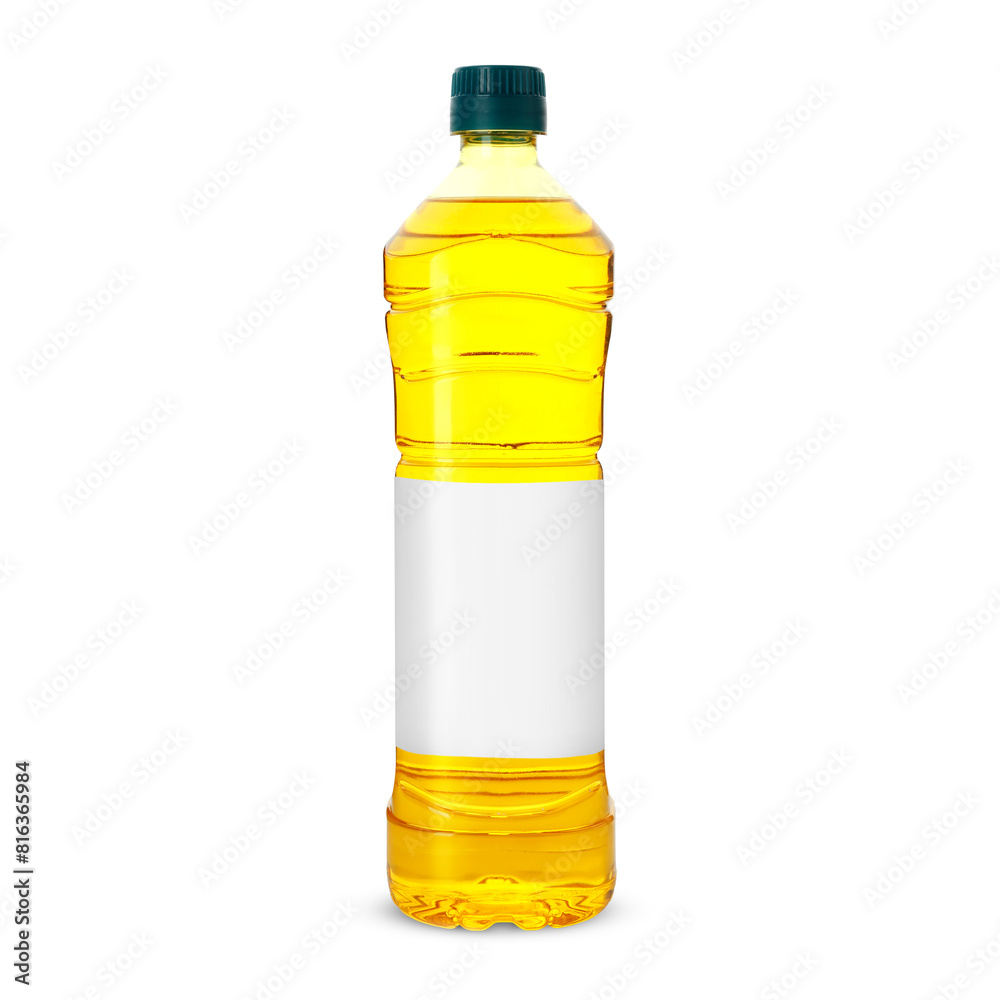 Cooking oil in plastic bottle with empty label isolated on white. Mockup for design Cooking oil in plastic bottle with empty label isolated on white. Mockup for design