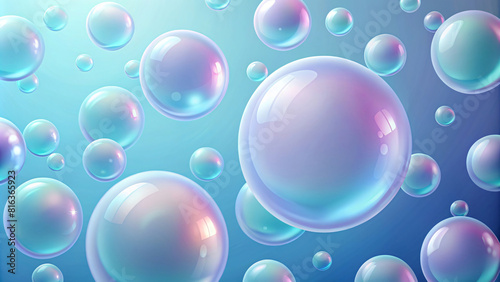 Shiny  transparent bubbles in various colors drift across a clear blue background