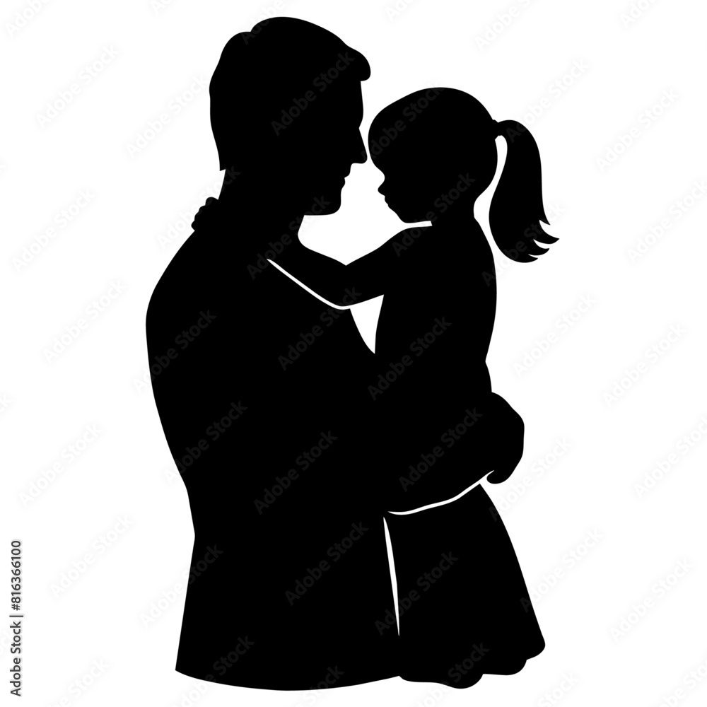 Father holding his daughter in his arms and hugging her to his chest, vector silhouette, black color illustration Father holding his daughter in his arms and hugging her to his chest, vector silhouette, black color illustration