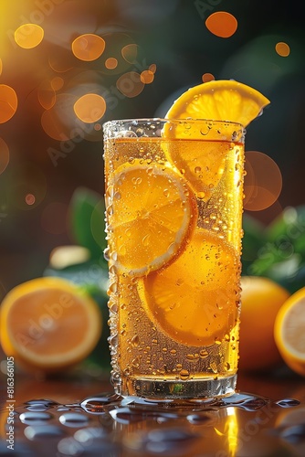 Refreshing orange soda with bubbles and ice. photo