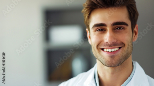 Smiling white male doctor, copy space photo