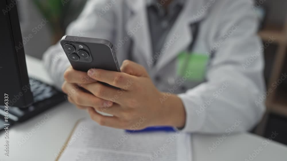 A young man in a white lab coat uses a smartphone in a clinic office, suggesting healthcare technology integration. A young man in a white lab coat uses a smartphone in a clinic office, suggesting healthcare technology integration.