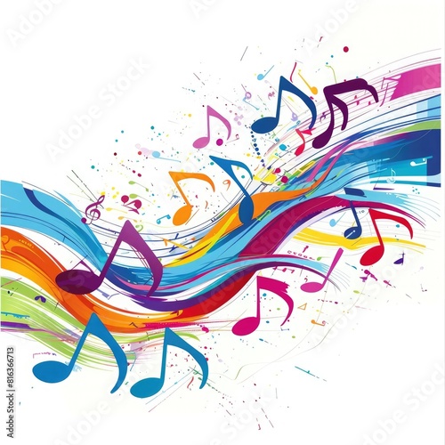 Colorful musical notes and wavy lines on white background vector illustration with color splashes, vector design for music festival poster or banner, flat design