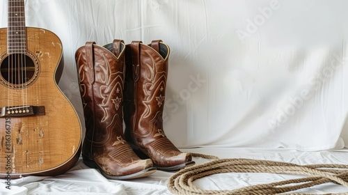 Cowboy lifestyle still life with guitar and boots