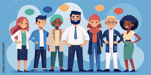 A vector illustration of a diverse business team standing together in unity, symbolizing teamwork and success