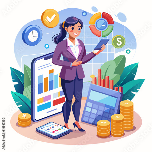 A business Lady Standing With Seeing To Mobile with Communication Pops up