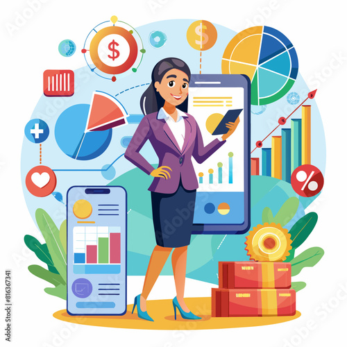 A business Lady Standing With Seeing To Mobile with Communication Pops up