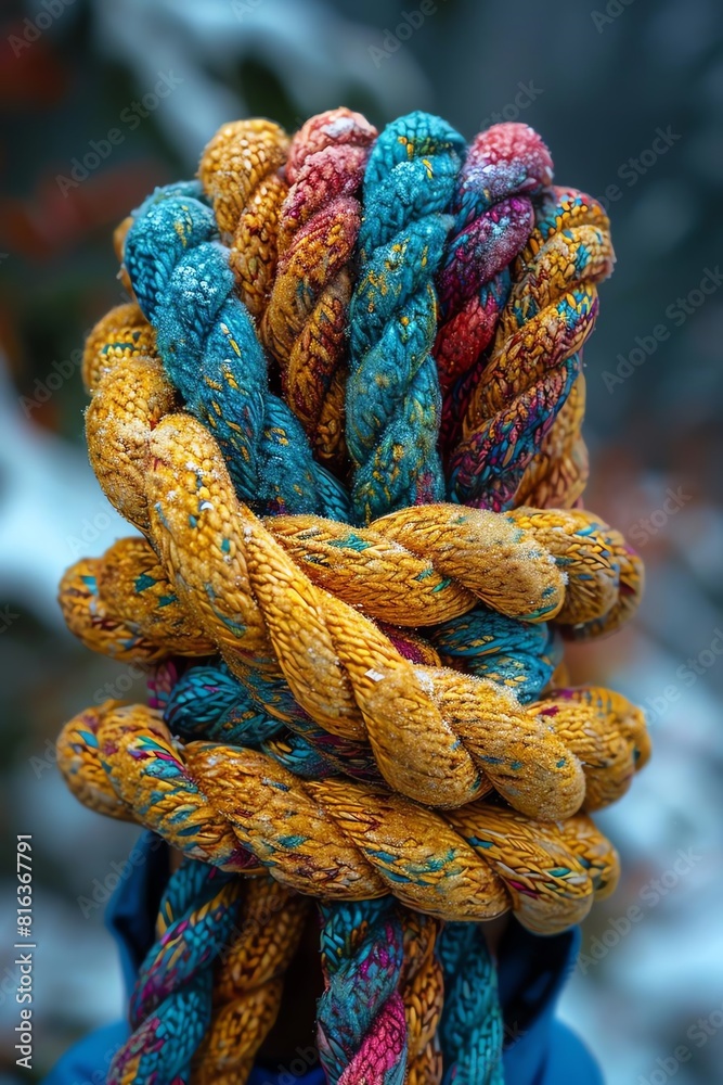Colorful ropes tied together in a knot. Colorful ropes tied together in a knot.