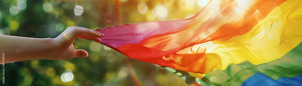 Close-up shot of a person's hand grasping the edge of a rainbow flag, the fabric gently fluttering in the breeze, with sunlight illuminating the colorful stripes, evoking feelings of empowerment Close-up shot of a person's hand grasping the edge of a rainbow flag, the fabric gently fluttering in the breeze, with sunlight illuminating the colorful stripes, evoking feelings of empowerment