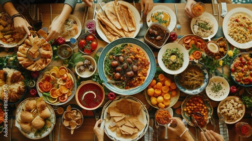 Aerial view of wooden table topped with a variety of plates and bowls of food. The plates are all different shapes and sizes and the food with national dish is arranged in a neat and tidy way. AIG42.