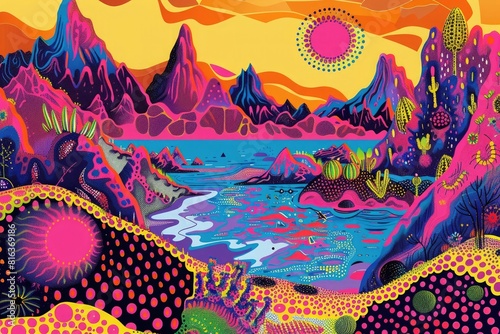 colorful psychedelic landscape with mountains and sea,