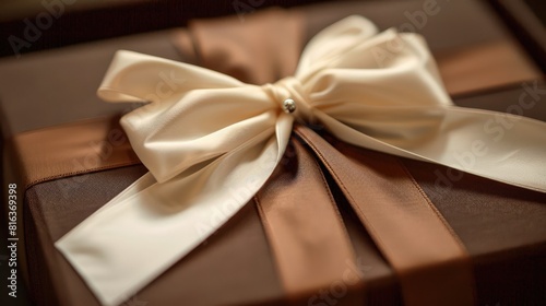 Close up of a brown gift box with a white ribbon bow © LukaszDesign