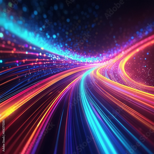 Abstract tech background of high speed optic fiber data transfer, ultra fast broadband, digital network connection, electronic motion, cyber turn