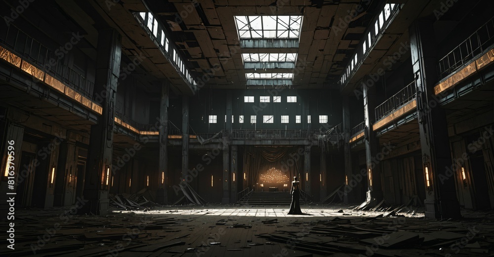 interior of futuristic sci fi building palace warehouse auditorium theatre palace. person inside abandoned industrial two-story amphitheater with stage. interior of futuristic sci fi building palace warehouse auditorium theatre palace. person inside abandoned industrial two-story amphitheater with stage.