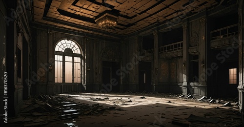 abandoned cyberpunk palace ballroom room interior. dystopian sci-fi castle empty room