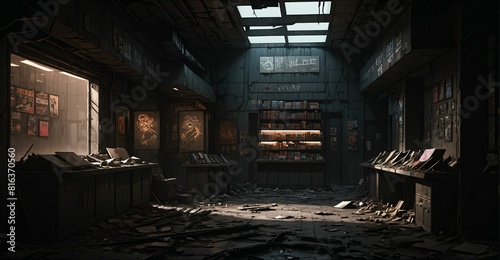 abandoned cyberpunk sci-fi dystopian library shop. lo-fi futuristic comic store market.	
 photo