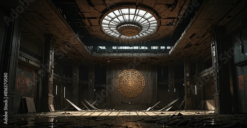 abandoned cyberpunk palace ballroom room interior. dystopian sci-fi castle empty room