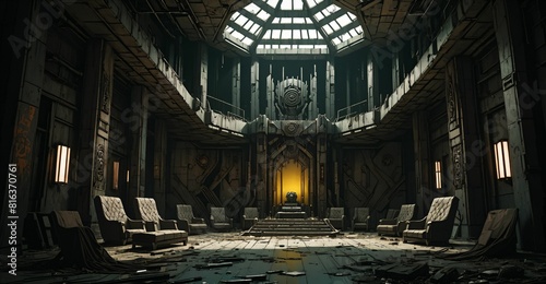 Cyberpunk dystopian sci-fi throne room in palace. Castle building interior.