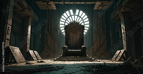 Cyberpunk dystopian sci-fi throne room in palace. Castle building interior.