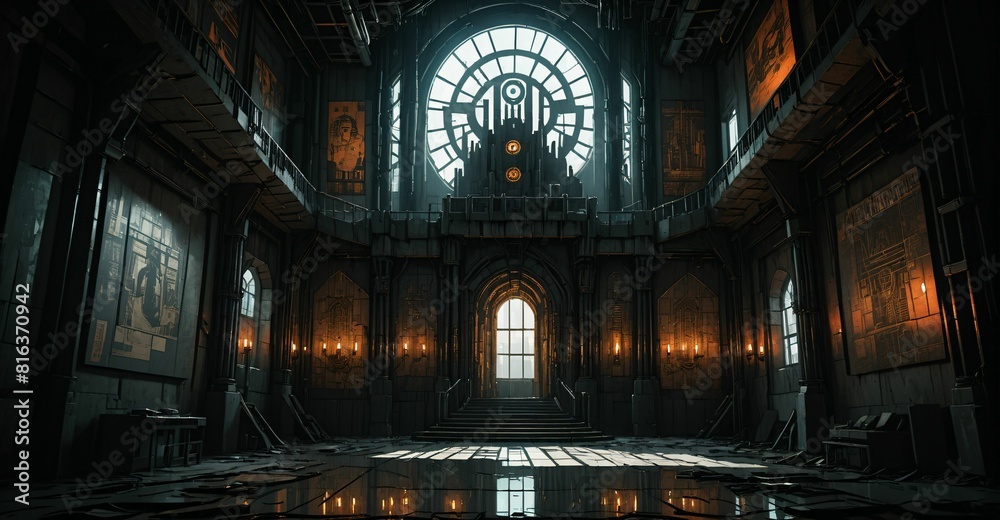 Obraz premium Cyberpunk palace ballroom room interior. Dystopian sci-fi castle empty room.