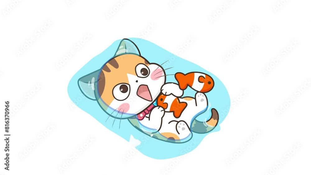 Playful Animated Cat and Cartoon Fish - White Background for Versatile Use Playful Animated Cat and Cartoon Fish - White Background for Versatile Use