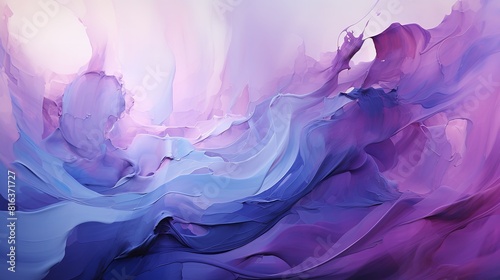 This close-up of a purple and blue abstract painting captures the artist's thick brushstrokes and use of color to create a bold and expressive effect. The vibrant colors and textured brushstrokes photo