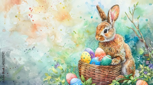 Vibrant watercolor painting of a bunny with a basket of colorful Easter eggs, set against a backdrop of spring greenery