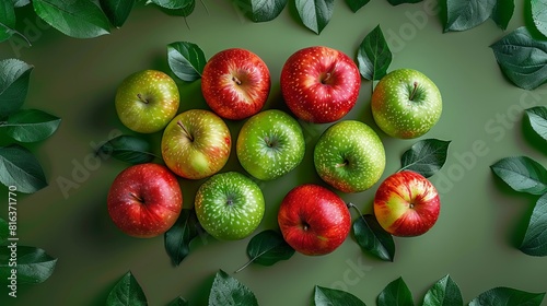 Leaves  green and red apples  Isolated on green coloured background   