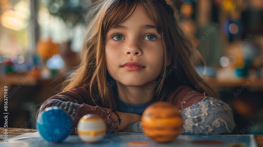 Fototapeta premium Girl with freckles looking at planets on a table in a classroom