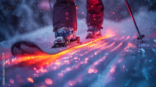 Downhill skier with glowing skis at night photo