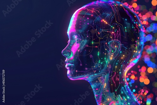 Digital human with circuitry and holographic elements, on a dark background, with glowing neon colors. A human head in profile view with colorful digital patterns on the skin.