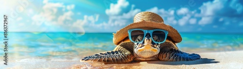 A turtle is laying on the beach wearing a hat and sunglasses. The scene is bright and sunny  with the ocean in the background