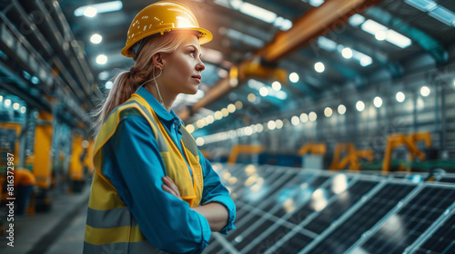 A female engineer in yellow safety gear intently oversees the production process in a large factory.