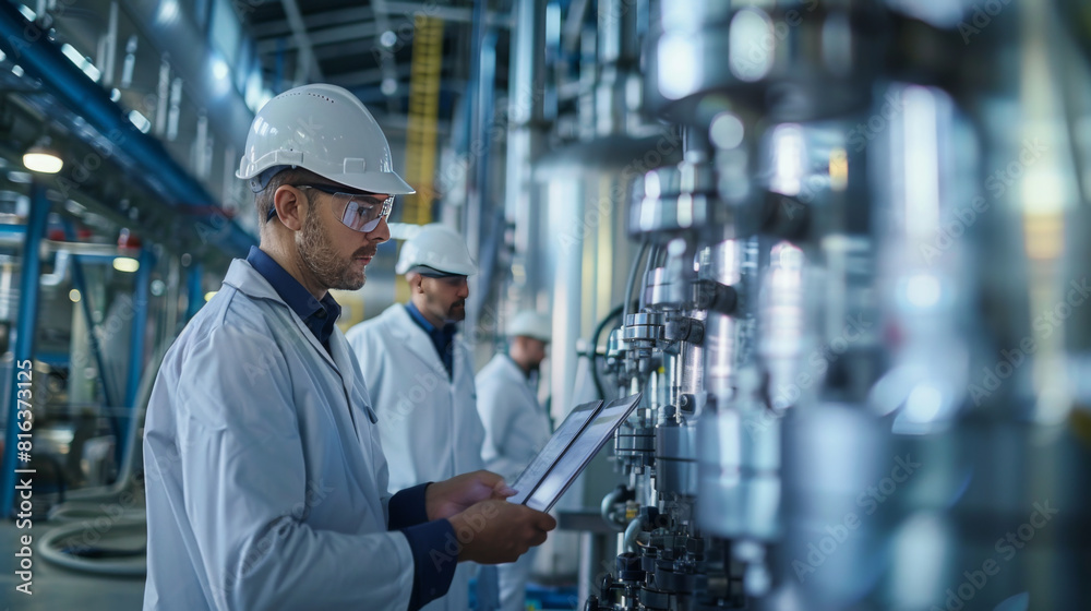 Two engineers with clipboards reviewing the network of pipelines in a modern chemical processing plant.