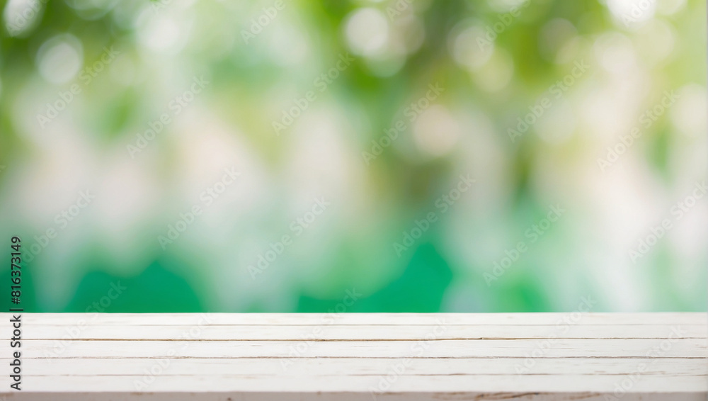 Empty white wooden table for product display with green Abstract blurred bokeh background, backdrop with copy space Empty white wooden table for product display with green Abstract blurred bokeh background, backdrop with copy space