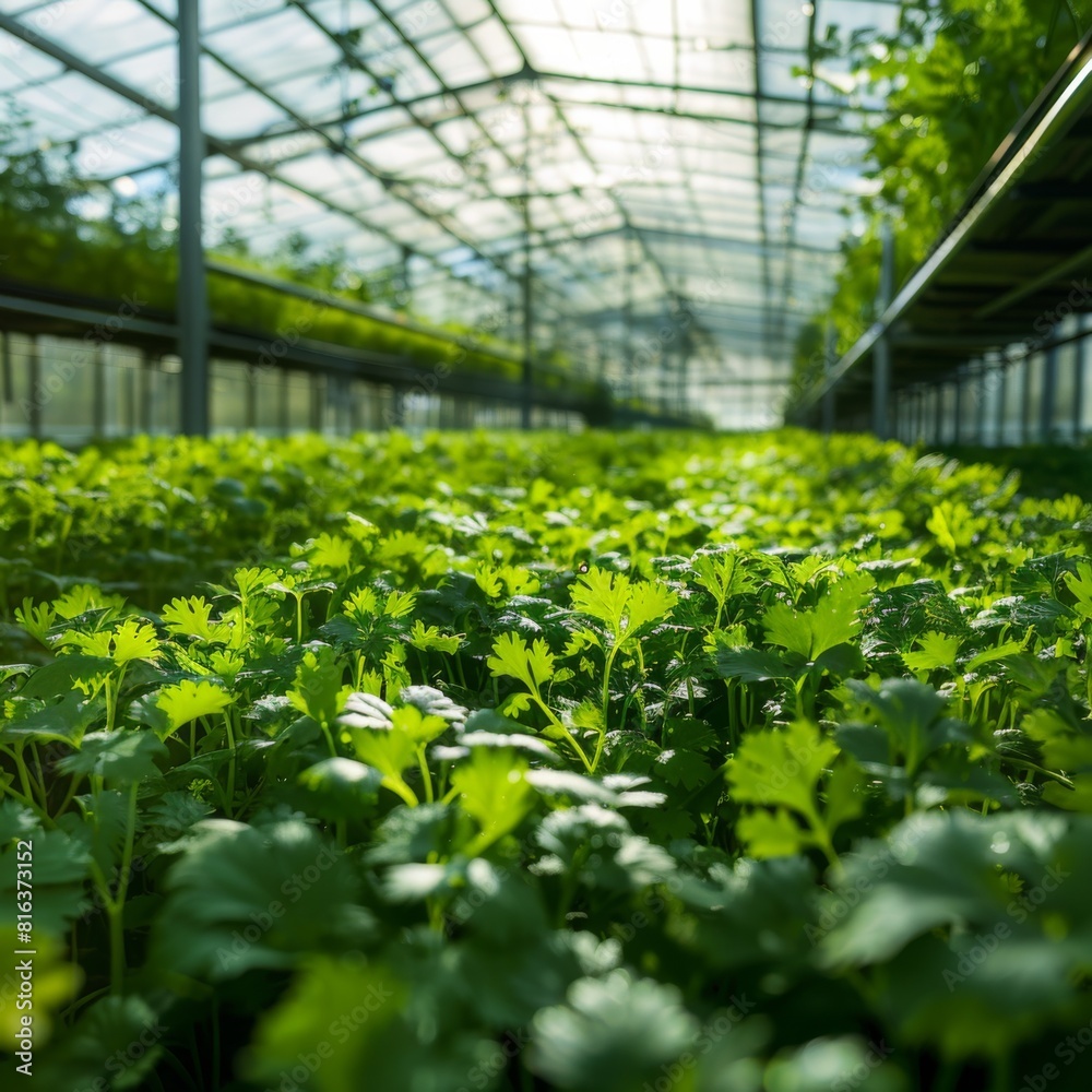 Field of coriander plants. The plants are growing in a greenhouse. Field of coriander plants. The plants are growing in a greenhouse.