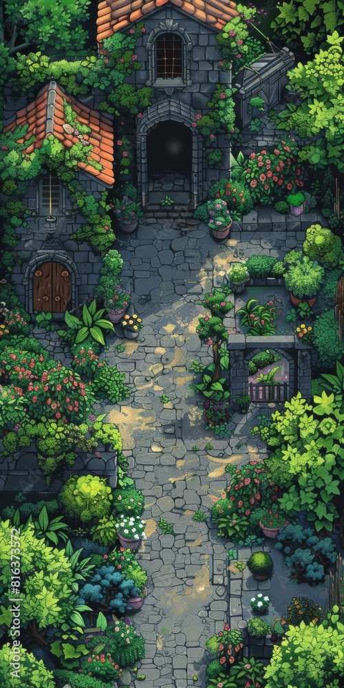 Serene pixel art garden scene with a cozy house in the distance generative ai Serene pixel art garden scene with a cozy house in the distance generative ai