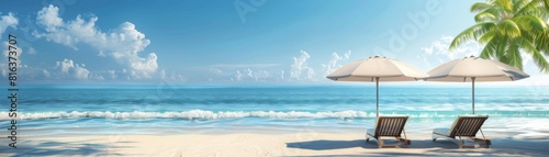 A beach scene with two umbrellas and two lounge chairs. Scene is relaxed and peaceful