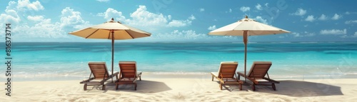 Two beach umbrellas and two beach chairs are set up on the beach. The chairs are facing the ocean and the umbrellas are providing shade. The scene is peaceful and relaxing