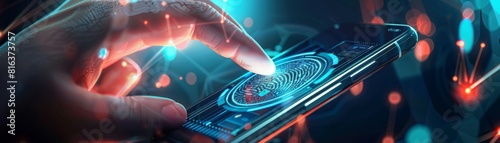 Hand is touching a cell phone screen with a fingerprint on it. Concept of modern technology and the importance of security measures in our daily lives
