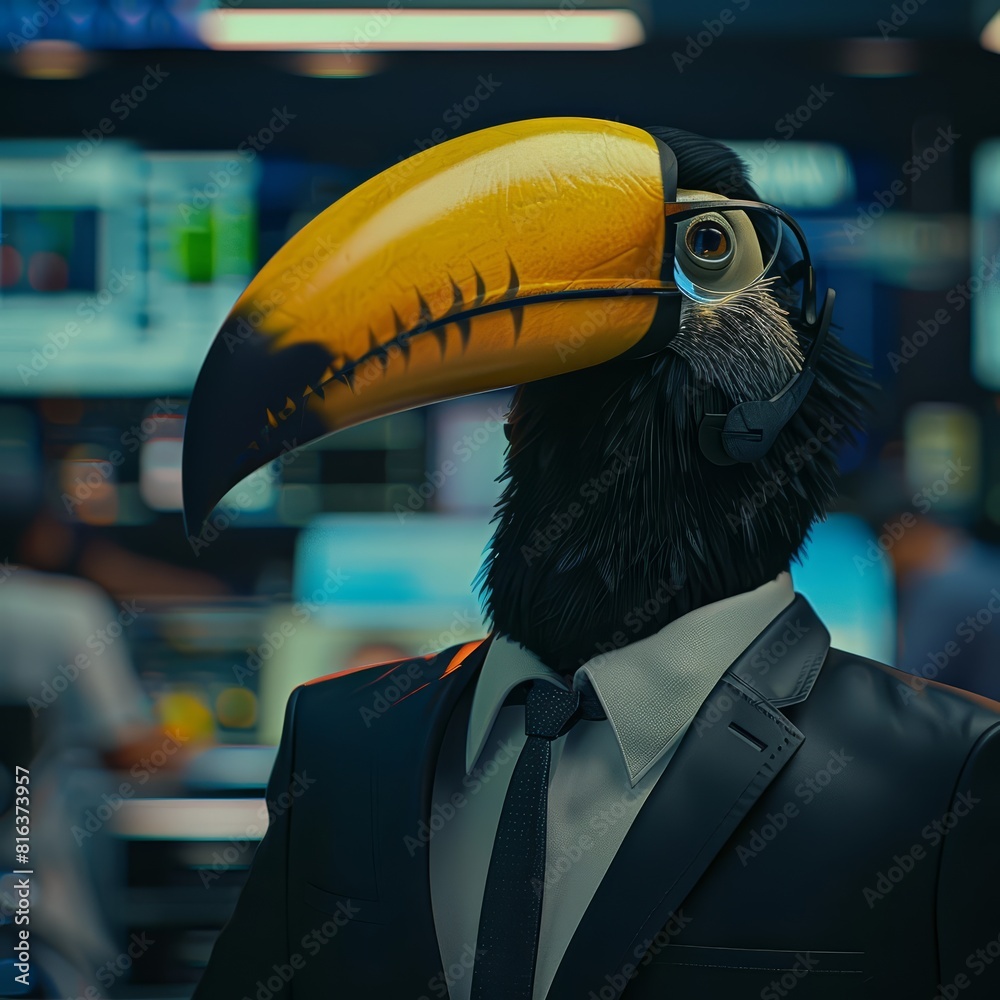 Fototapeta premium A closeup charismatic half body of a toucan in a news anchor suit, broadcasting live with HUD hologram from a busy newsroom with a sharpen banner hitech styles with copy space