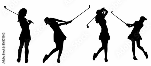Set of sportsman golfers playing golf in various poses
