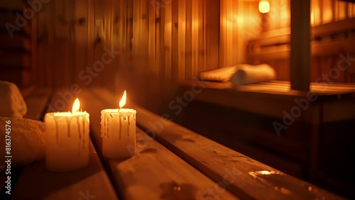 The soft glow of candlelight casting a calming ambiance in the sauna room.. photo