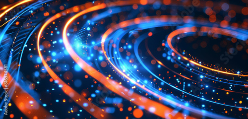 Dynamic vibrance electric blue, matte orange circle lines.