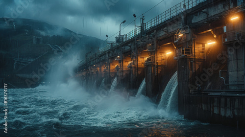 A hydroelectric dam discharges large volumes of water, captured in a dramatic nighttime setting with intense lighting. photo