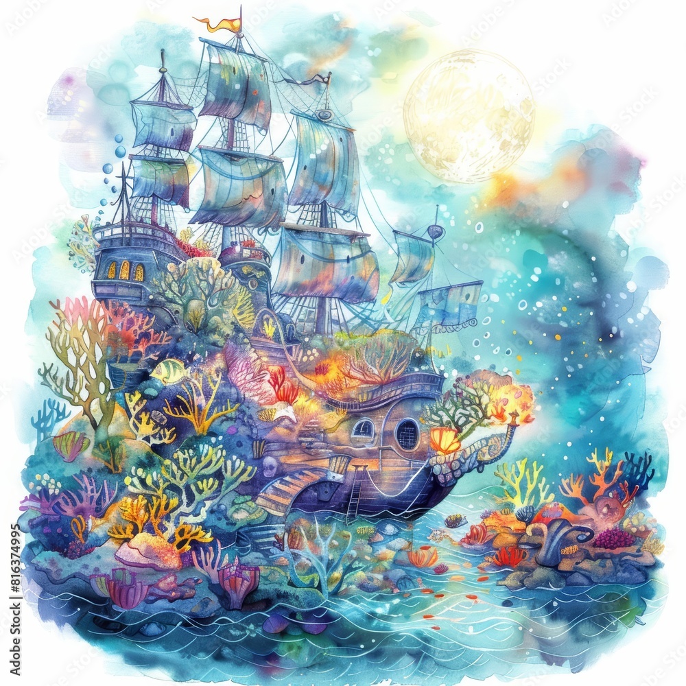 Fototapeta premium A cute watercolor of a sunken pirate ship that serves as an underwater concert hall for mermaids and sailors ghosts